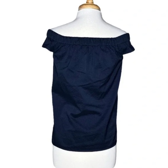 Tibi Seersucker Off Shoulder Top in Navy Blue - Picture 3 of 5